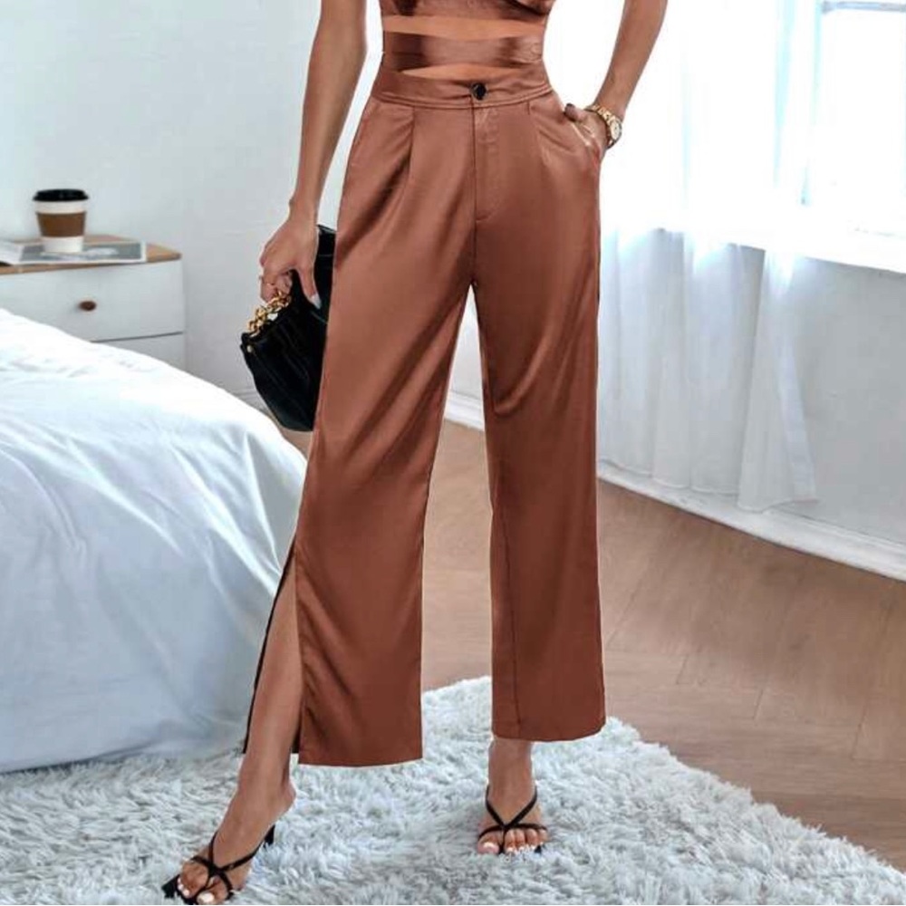 Dressy Bronze size 8/10 Solid Satin Ankle length Split Hem Pocket Pants